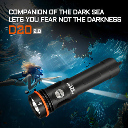 ACEBEAM D20 2200 High Lumens Dive Light Rechargeable, 200 Meters Underwater Depth Scuba Diving Flashlight, 500 Meters Beam Distance Diving Light, 3 Mode Scuba Dive Safety Light for Diving, Searching