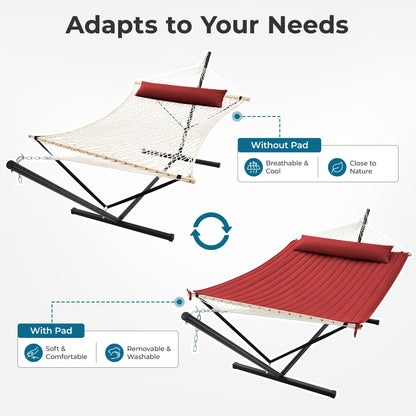 SUPERJARE 12ft Double Hammock with Stand, Rope Hammock for 2 Person, Detachable Hammock Bed and Pillow, Portable, Anti-Tip Safety Ropes, Carry Bag, Outdoor Backyard Patio Camping, Burgundy