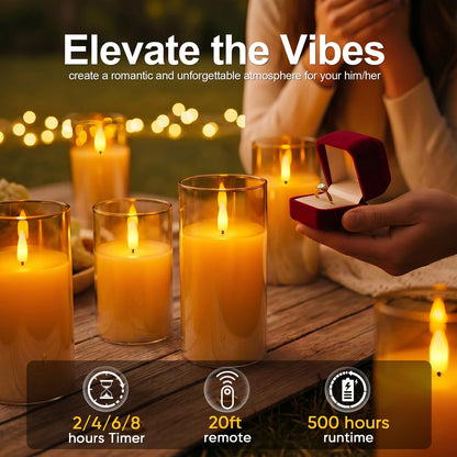 5plots Glass Battery Operated Gold Flameless Candles with Remote Timer, 3D Wick Real Wax Pillar Led Candles Warm Flickering Light for Indoor Home, Halloween, Christmas Decor, Set of 3, D3 x H4 5" 6"