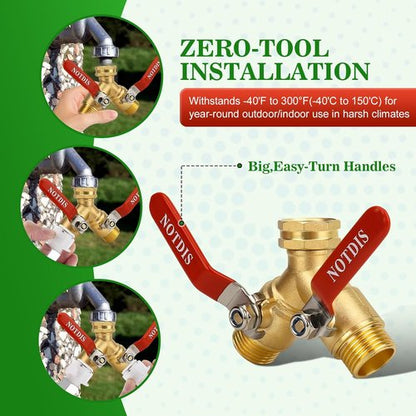 Brass Garden Hose Splitter by [Brand Name] - Heavy Duty 2-Way Connector with Stainless Steel Handle | 3/4 Inch GHT Thread