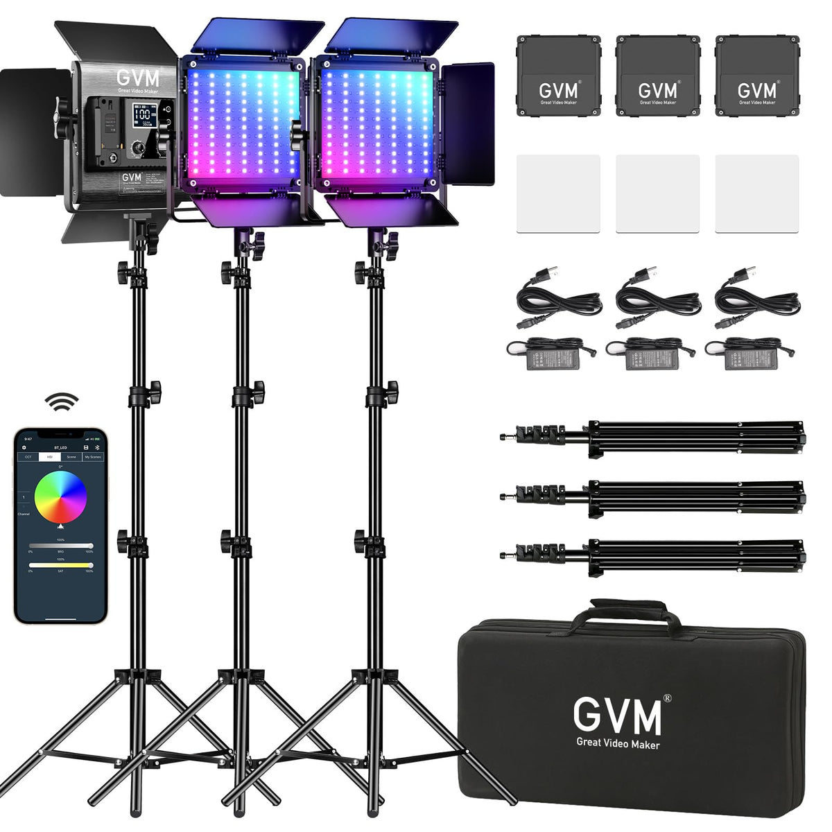 GVM RGB LED Video Lighting Kit, 800D Studio Video Lights with Panel, APP Control for YouTube Photography Lighting, , 3200K-5600K, 8 Kinds of The Scene Lights, 3 Packs