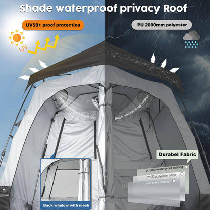 Porayhut Portable Camping Shower Tent Deluxe Changing Room Easy Set Up Privacy Shelter,Large Toilet Tent with Floor Drain Design for Beach, Camping,Hiking with 2 Rooms,Stakes and Ropes for Stability