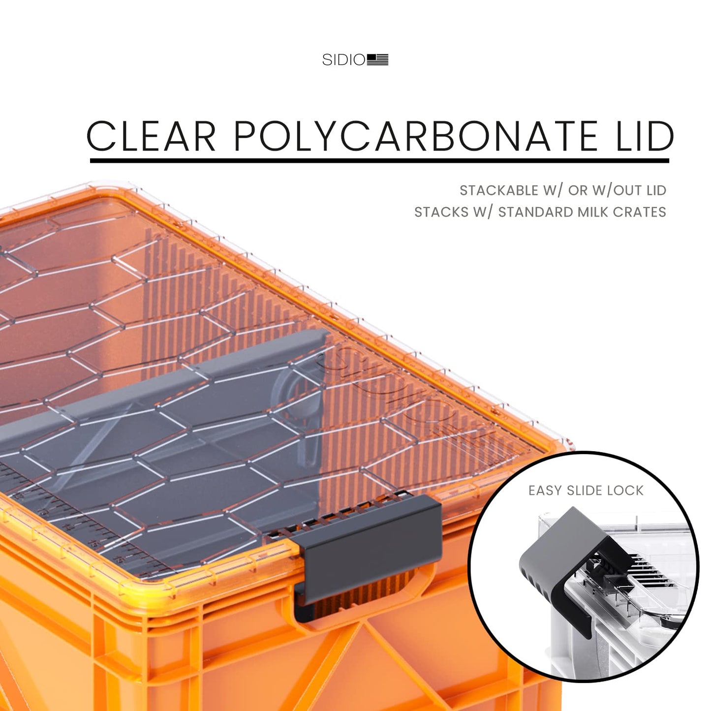 SIDIO CRATE Starter Pack - Two Full Size and One Half Size SidioCrate, Stackable Outdoor Organizer Storage Bins with Clear Lid and Dividers - Orange