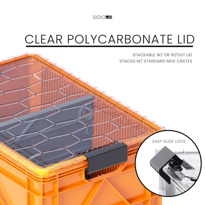 SIDIO CRATE Starter Pack - Two Full Size and One Half Size SidioCrate, Stackable Outdoor Organizer Storage Bins with Clear Lid and Dividers - Orange