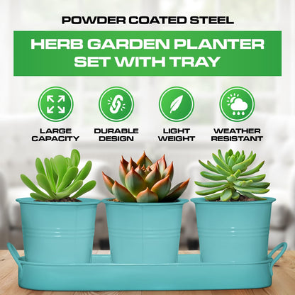 Plexon Herb Planter Indoor Garden Set of 3 with Tray, Metal Herb Pots for Indoor Plants, Round Kitchen Garden Kit Ideal for Windowsill Planter or Countertop, Aqua Mist Blue Powder Coated