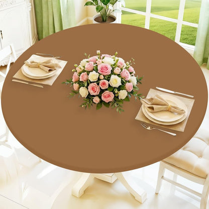Moosfor Round Spandex Tablecloth, Elastic Fitted Waterproof Tablecloths for 18"-24" Tables, Stretch Washable Picnic Table Cover for Camping, Dining, Indoor and Outdoor,Brown