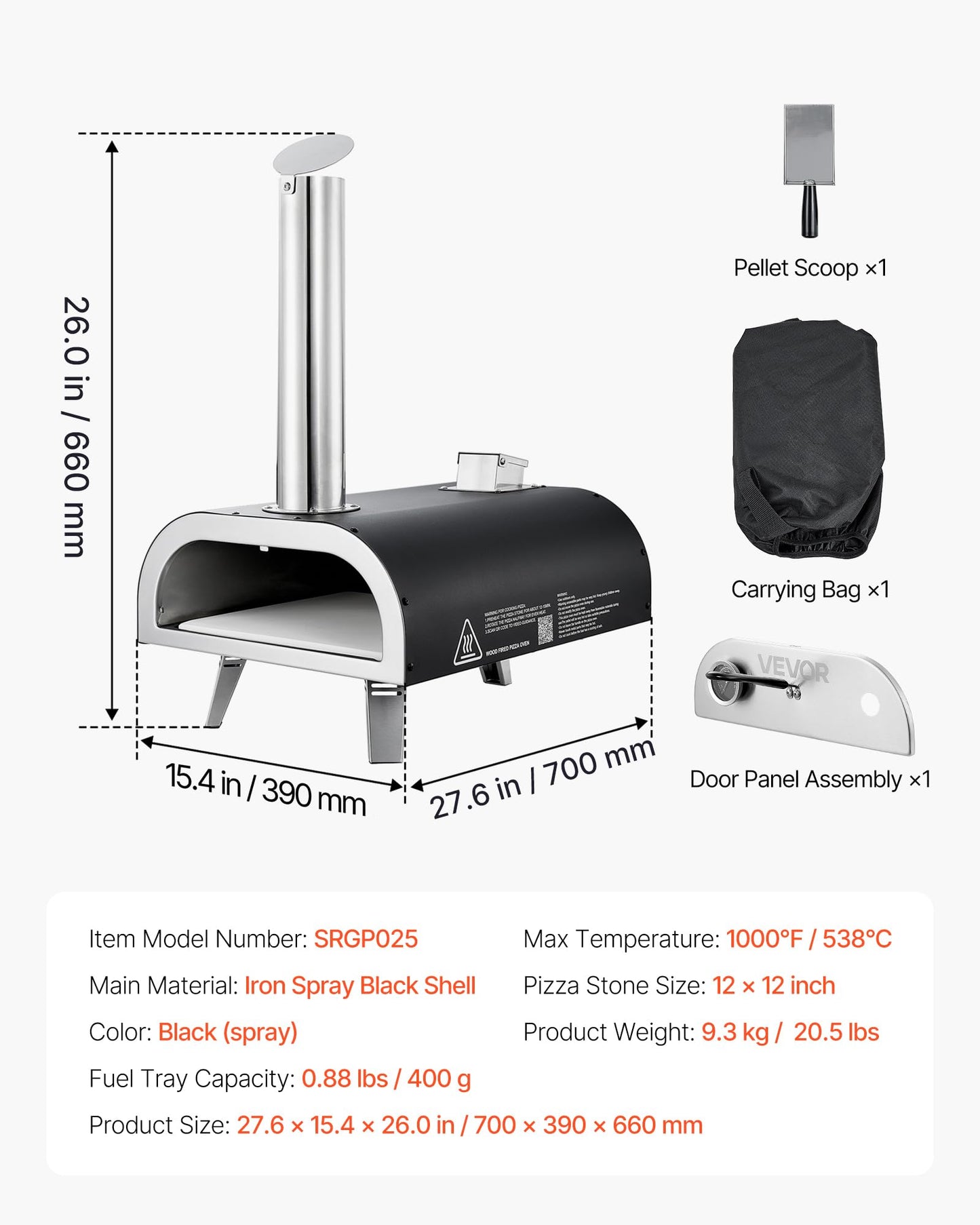 VEVOR Outdoor Pizza Oven, 12 Inch Wood Fired Pizza Ovens, Pellet Pizza-Stove with Thermometer, Portable Pizza-Maker for Outside Backyard Patio Camping, Pizza-Stone, Carry Bag, Shovel, Black