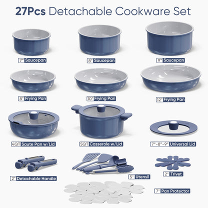 CAROTE 27pcs Ceramic Cookware Set Nonstick, Pots and Pans Set Non Stick, Non Toxic Cookware Detachable Handles, Dishwasher/Oven Safe, RV/Camping Cookware with Kitchen Utensils, Blue