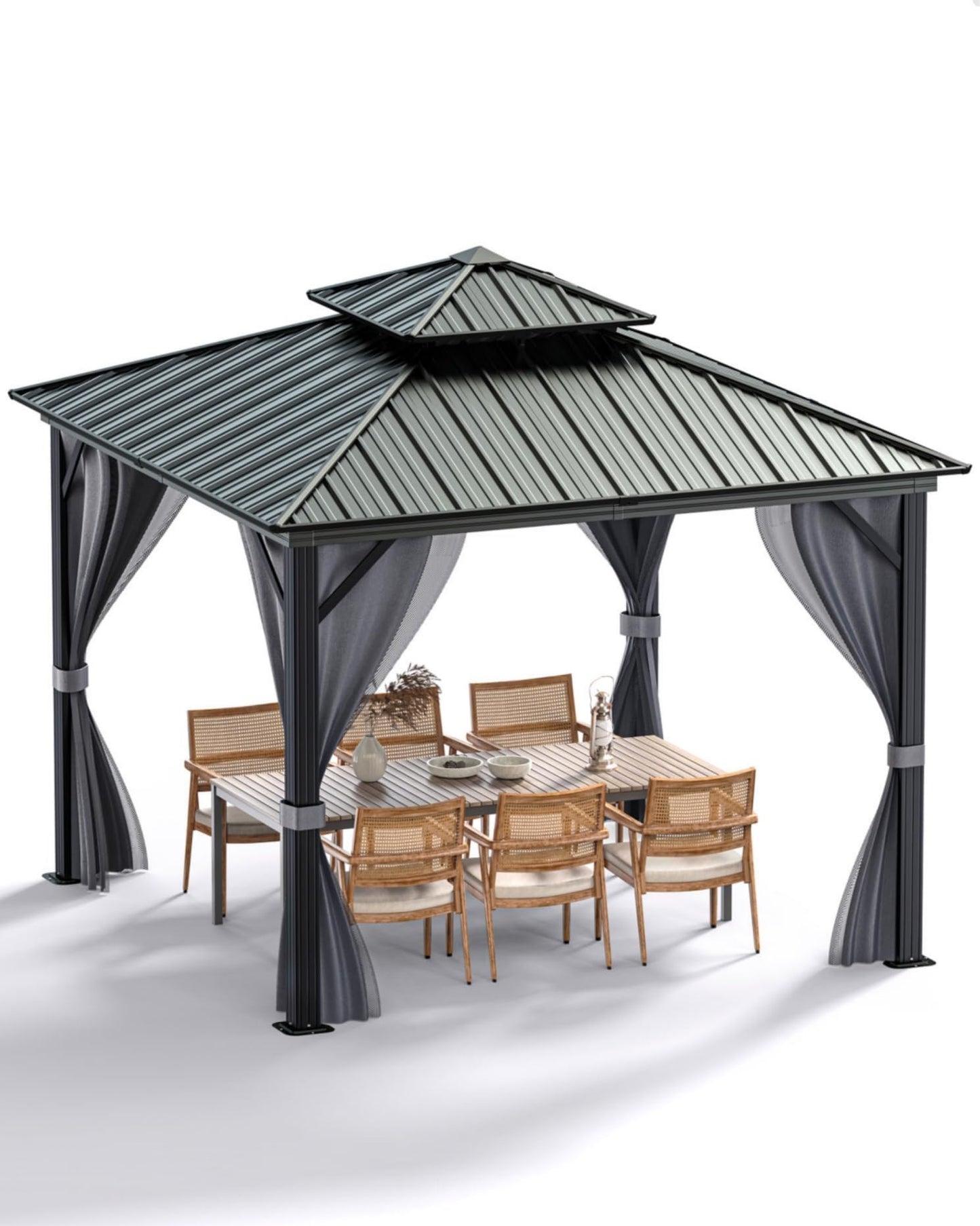 IDEALHOUSE 10x10Ft Hardtop Gazebo - Aluminum Frame Permanent Pavilion with Double Roof, Mosquito Netting & Privacy Curtains for Patio, Garden, Deck & Backyard Parties