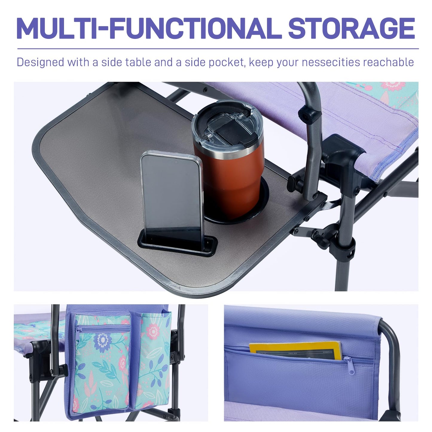 EVER ADVANCED Portable 30.7" Seat Height Tall Folding Camping Chair Directors Chair High Foldable Bar Stool with Side Table for Makeup Artist, Sports Event, Craft Show, Supports 350LBS