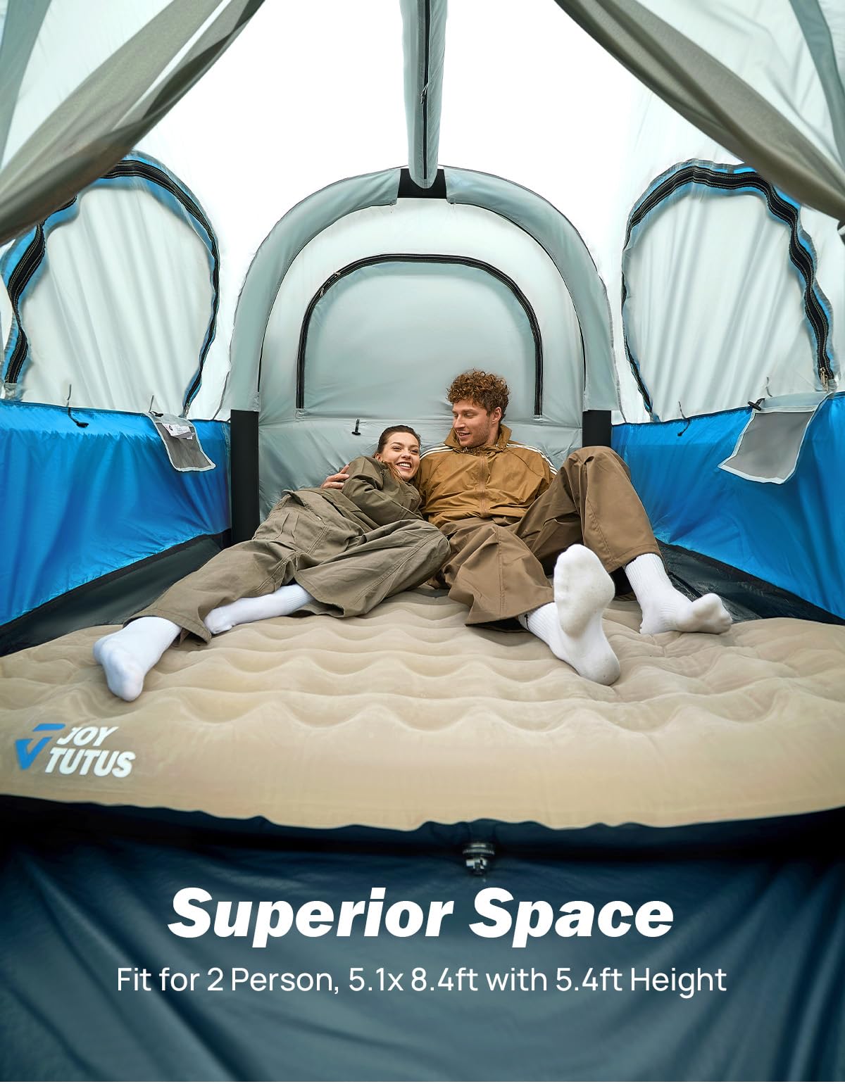 JOYTUTUS Inflatable Truck Bed Tent 5.5FT with Awning, Includes Air Pump for Quick 30 S Setup, Dual-use Pickup or Camping Tent for 2 Person, Waterproof Roof Shade and 3 Windows, Gray Blue