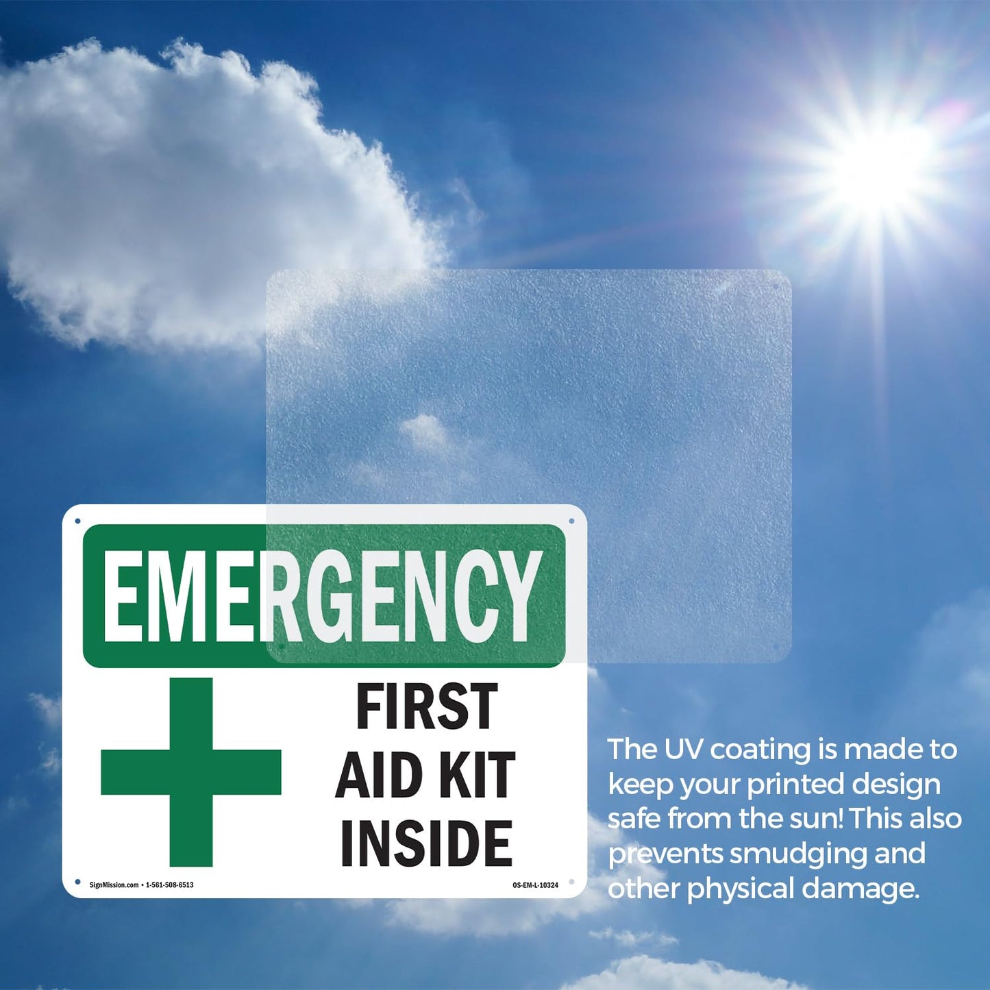 First Aid Kit Inside OSHA Emergency Rigid Plastic Sign 18 Inch x 12 Inch - 10 Pack