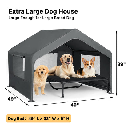 Veehoo Extra Large Dog House Outdoor with Elevated Dog Bed, Outside Dog Tent 4.1'x4.1'x3.3', Weatherproof Dog Shade Shelter and Raised Bed Combo for Pets or Stray Animals, Grey, CWC2530CP