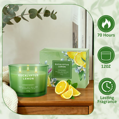 Eucalyptus Lemon Candles for Home Scented, 12oz Large Scented Candles for Women Men, Natural Soy Aromatherapy Candle, 70 Hours Long Burning Amber Jar Candle Gifts for Mom, Dad, Her, Wife