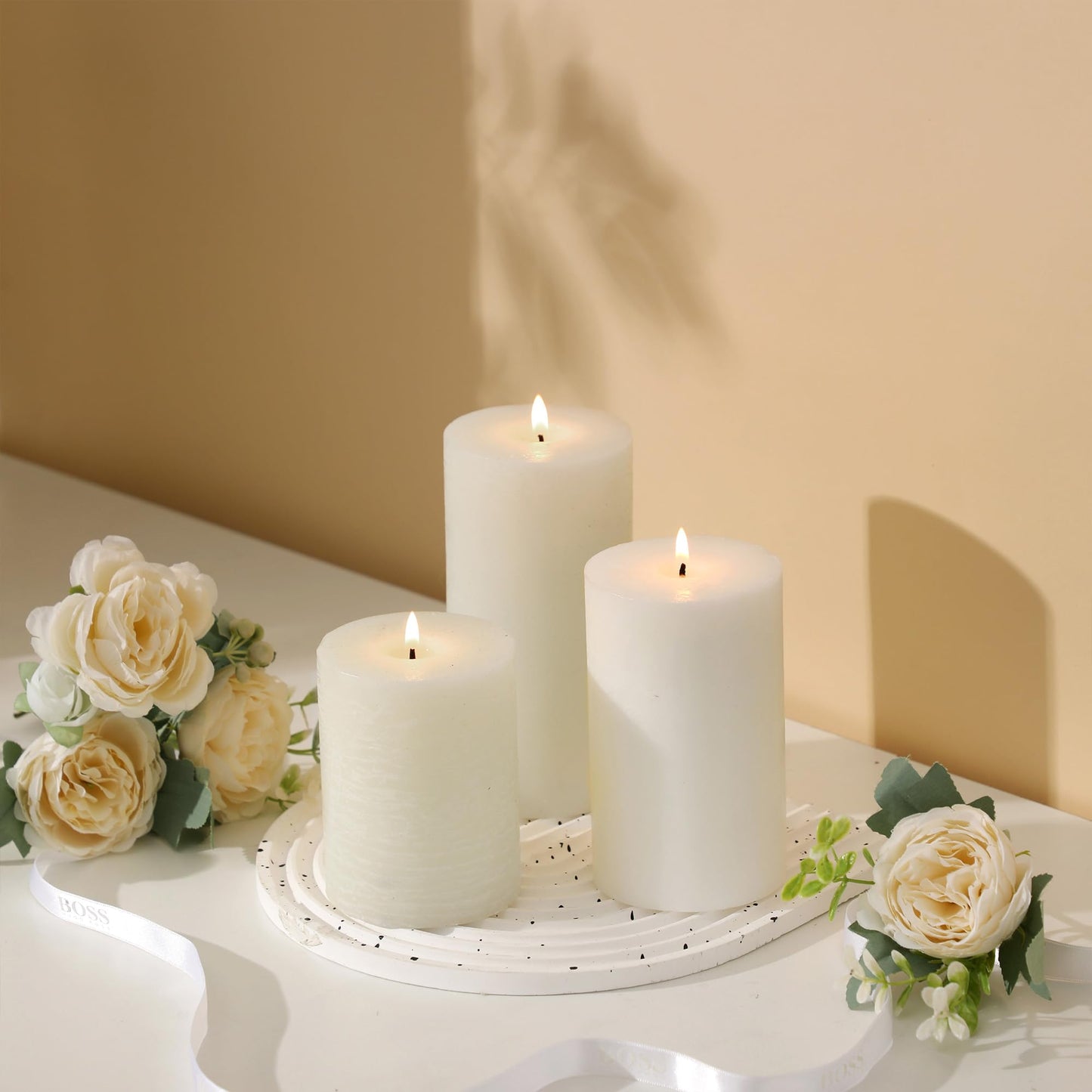 White Pillar Candles Set of 3 - Hand-Poured Unscented Candles,Smokeless Dripless Candles for Dinner Table and Home, Set of 3 in Different Sizes (3"x4", 3"x5", 3"x6")