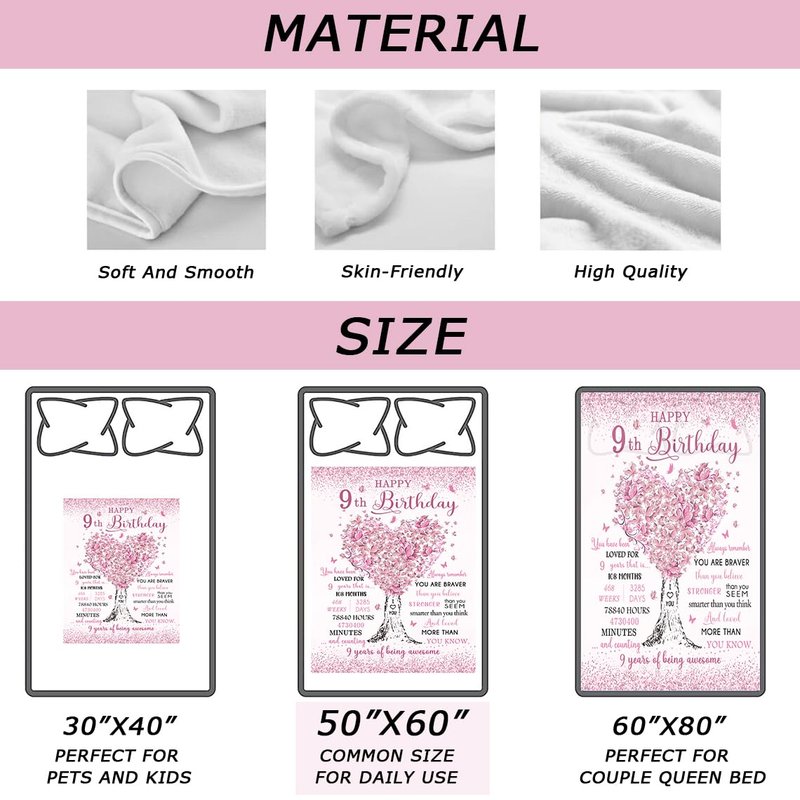 Mubpean Gifts for 9 Year Old Girls Blanket 60"x50", 9-Year-Old Girl Gifts, Birthday Gift Ideas, 9th Birthday Gifts for Girls, Best Party Decoration for Age 9, Nine Years Old Present Throw Blankets
