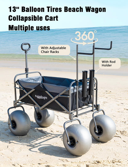13" Balloon Bubble Wheel Beach Cart Collapsible Wagon with Big Fat All Terrain Inflatable Air Tire, Large Outdoor Wagon & Fishing Cart with Balloon Tire, Dolly with Big Wheels for Sand Camping (Blue)