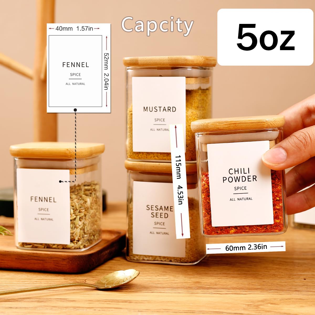 Glass Spice Jars with Bamboo Lids - 20 Pcs Thicken(2.4mm) 4oz Airtight Seasoning Containers with 131 Waterproof Minimalist Spice labels Preprinted - Small herb Jars for Pantry Organization and Storage