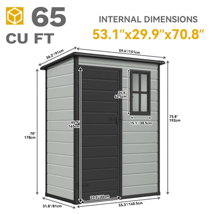 DWVO 5x3ft Resin Outdoor Storage Shed with Floor, Waterproof Lockable Storage Shed with Window, Plastic Outside Tool Storage for Garden, Backyard Patio