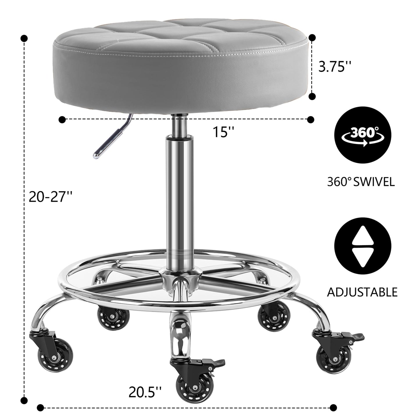 CoVibrant Lockable Rolling Stool with Noiseless Rubber Wheels & Footrest - Adjustable Swivel Stool Chair for Kitchen, Medical, Workshop, Salon, Tattoo, Office (Grey, 20"-27")