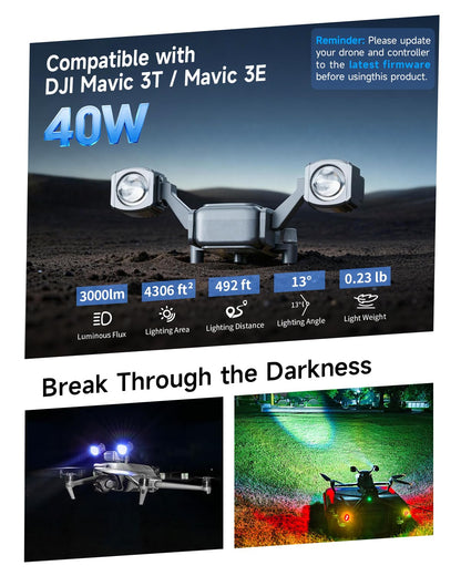 LKTOP Mavic 3 Enterprise Drone Spotlight for DJI Mavic 3T/Mavic 3E Strobe Light Accessories, 3000 Lumen 40W LED Anti-Collision Searchlight Night Flight Lighting Lamp for Search/Rescue/Patrol/Farm