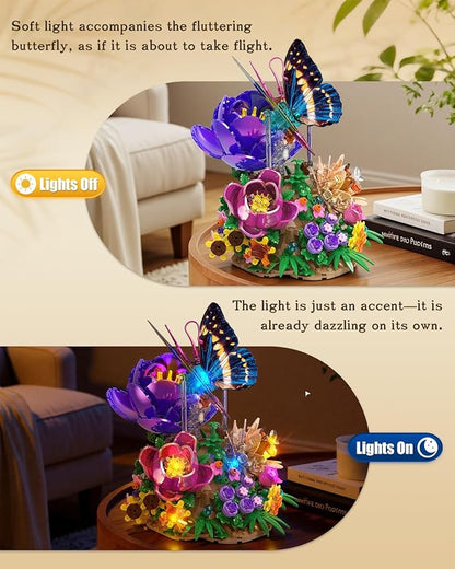 JMBricklayer Butterfly Building Set with Light for Adults Botanical Flowers Collection Building Blocks Set Creative Birthday Valentine's Day Gift for Women Mom Girlfriend Wife