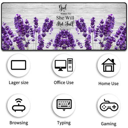 Large Gaming Mouse Pad 31.5x11.8 Inch Keyboard Pad + Ergonomic Wrist Rest Pad and Coaster with Non-Slip 3-Piece Desk Supplies Set, Bible Psalm 46:5 Lavender Design for Gamers/Office/Study