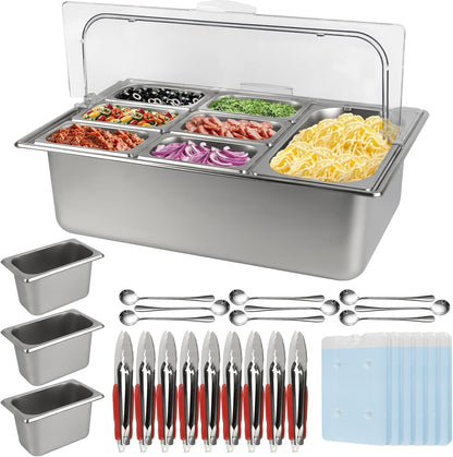 Kalolary Pizza Topping Storage Station, 7 Grids Stainless Steel Condiment Containers with Flip Lids Spoons Ice Box Food Tongs Ice Food Serving Display Container Salad Bar Buffet Station for Party