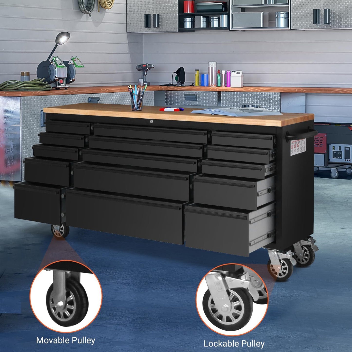 GarveeTech 72 Inch Heavy-Duty Rolling Tool Chest & Mobile Workbench with 15 Drawers, Rubber Wood Tabletop, Locking System, Drawer Liners and Wheels, Steel Storage Cabinet for Garage, Workshop, Black