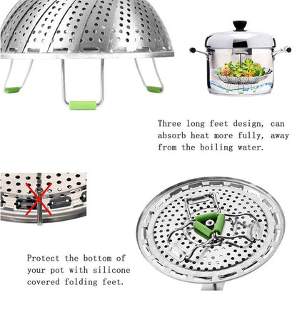 Stainless Steel Veggie Steamer Basket with Folding Handle - Expandable to Fit Pots 6.4" to 10"