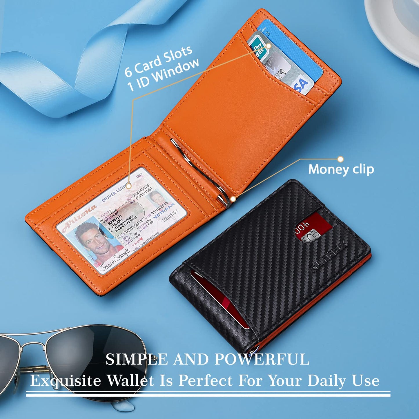 RUNBOX Slim Wallets for Men with RFID Blocking & Minimalist Mens Front Pocket Wallet Leather Black&inner Orange