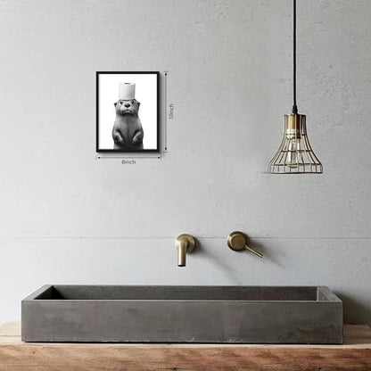 Skiennix Funny Bathroom Wall Art - Cute Otter Holding Toilet Paper | Black & White Canvas Print 8x10 Inch