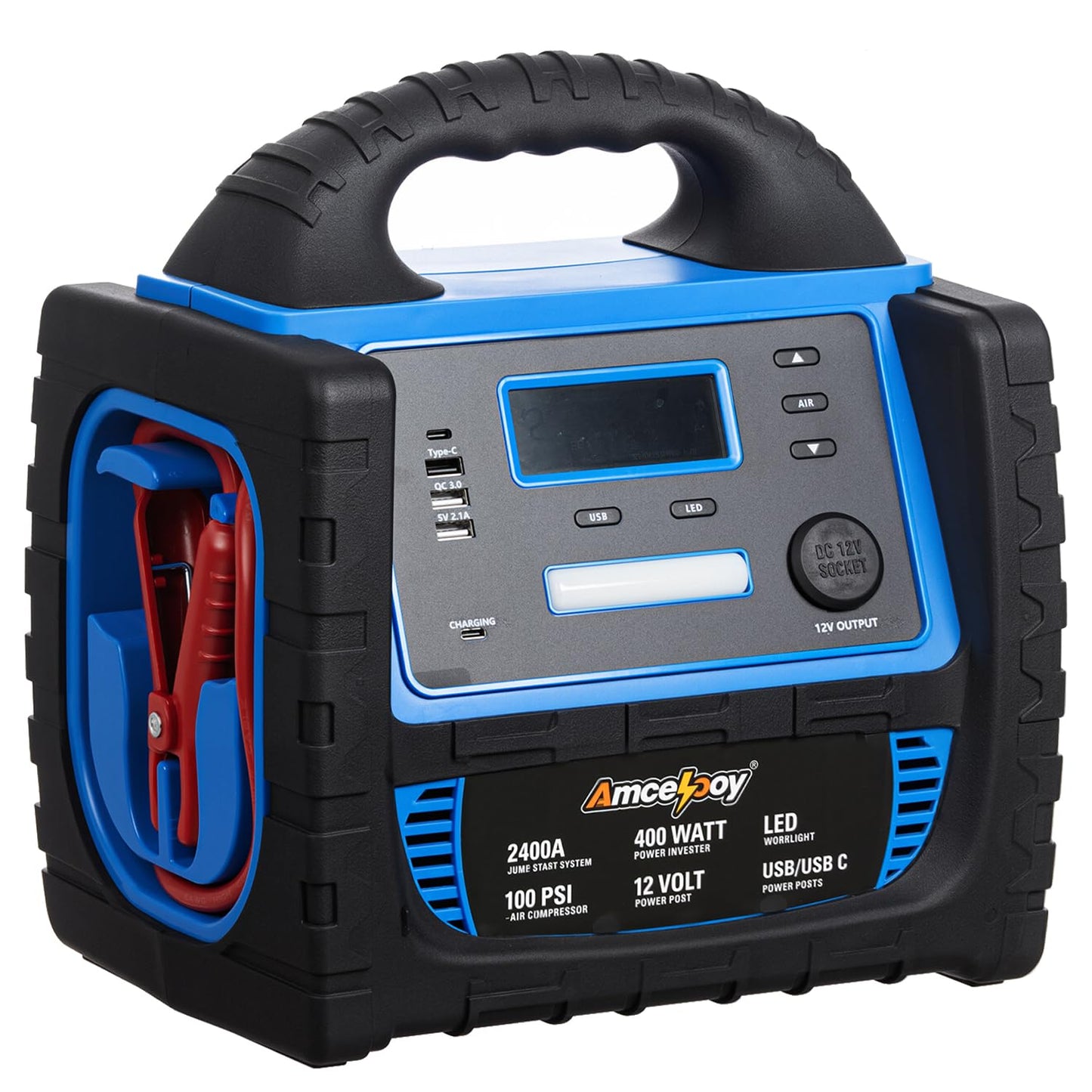 Amcelooy 2400A Car Battery Jump Starter and Portable Power Station – Starts 8.0L Gas & 8.0L Diesel – 6-in-1 Jump Starter with Air Compressor 100 PSI Tire Inflator – 400 Watt Inverter AC/DC/USB Outlets