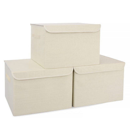 Bagnizer Large 42 Quarts Collapsible Stackable Storage Bins Cube with Lids [3-Pack] Foldable Fabric Linen Storage Boxes, Closet Organizer Baskets with Label for Home (16.7 x 12 x 12, Beige)