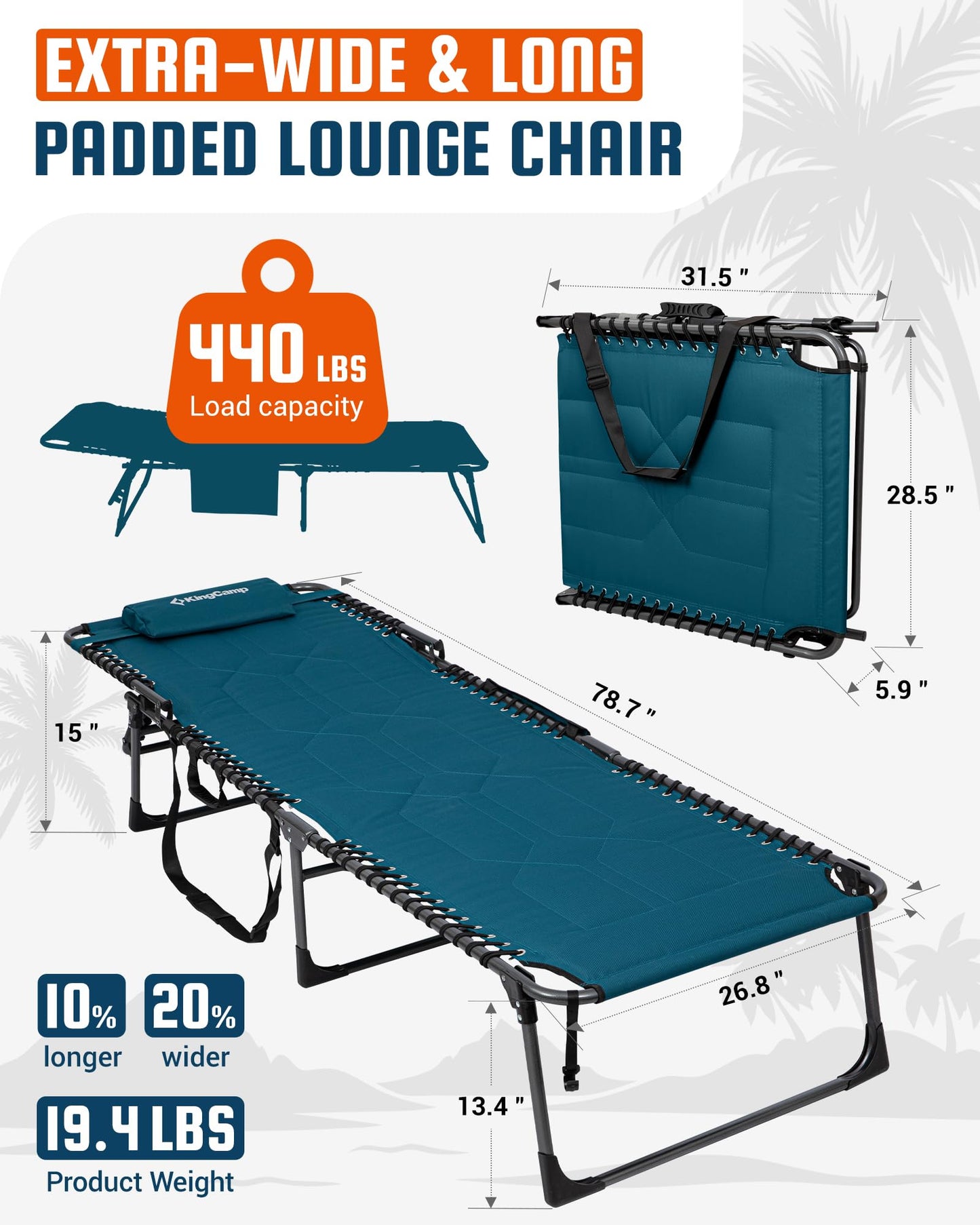 KingCamp Oversized Tanning Chair, Extra-Wide Padded Folding Chase Lounge Chairs Portable Adjustable 5-Position 440lbs Heavy Duty Lounger with Double-Layer Oxford for Outdoor Beach Patio Sun Pool Blue