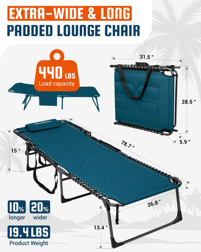 KingCamp Oversized Tanning Chair, Extra-Wide Padded Folding Chase Lounge Chairs Portable Adjustable 5-Position 440lbs Heavy Duty Lounger with Double-Layer Oxford for Outdoor Beach Patio Sun Pool Blue