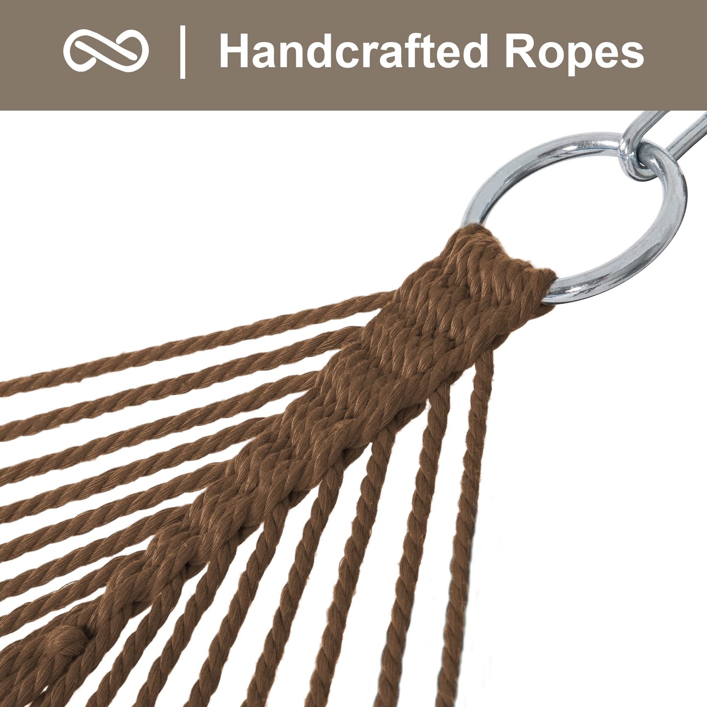 SUNCREAT Hanging Backyard Rope Hammock with Spreader Bar, Carrying Bag, 450 lbs Capacity, Portable Two Person Hammock with Tree Hooks, Brown