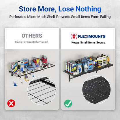FLEXIMOUNTS 2-Pack 1x6ft Garage Shelving 14-inch-by-68-inch Perforated Wall Shelf, Heavy Duty Garage Storage Rack with 1400 lbs Load Capacity, Wall Mounted Organization System for Tools, Heavy Bins