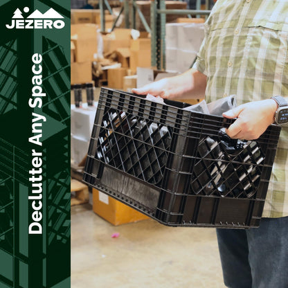 JEZERO 20 Quart 4-Pack Heavy Duty Plastic Crate | Stackable Multi-Purpose Storage Bin for Garage, Home, Office, Groceries, Outdoor, Camping & Kayaking | Black Utility Tote, 17" x 13" x 11"
