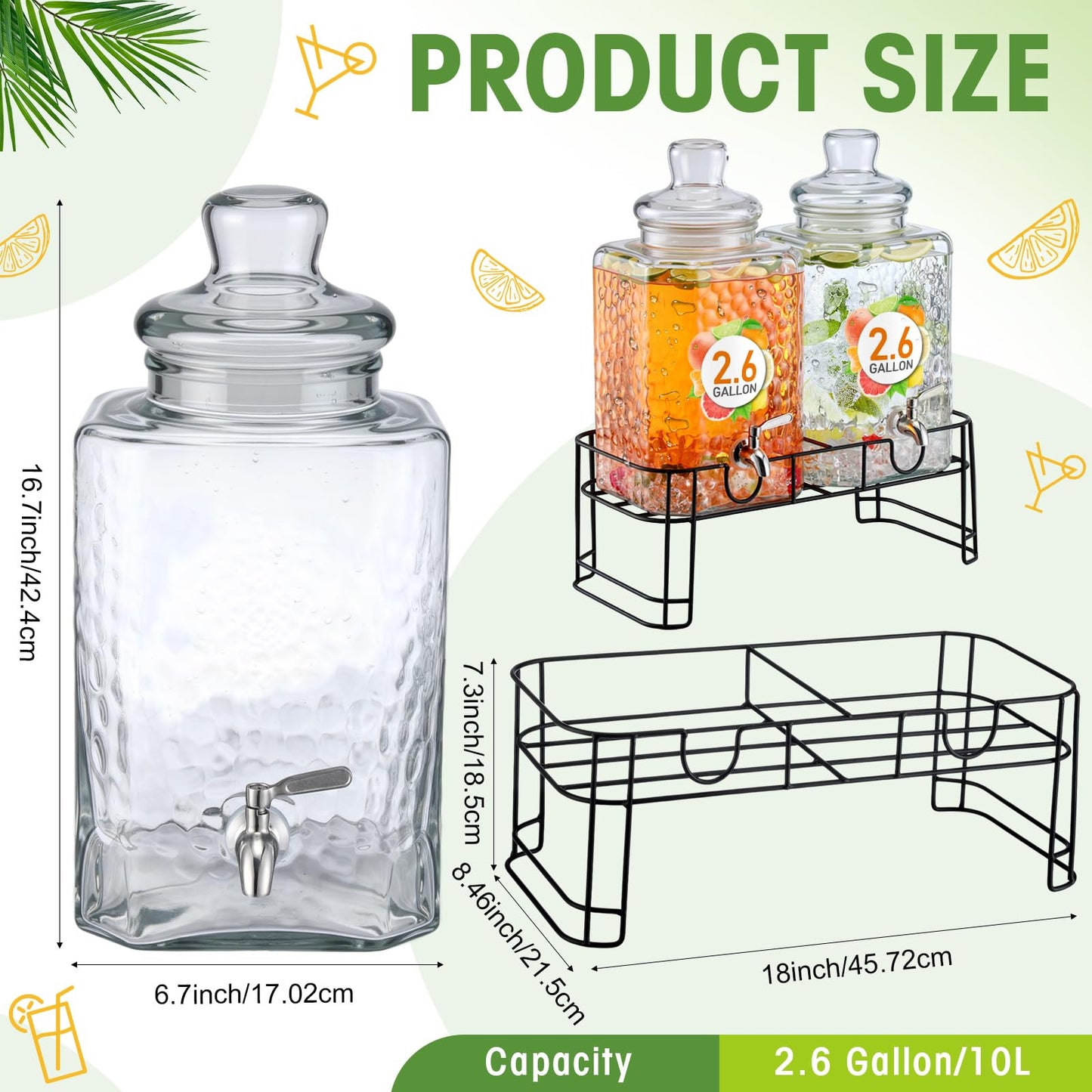 Honeydak 2.6 Gallon Glass Beverage Dispenser with Stand Stainless Steel Spigot Glass Lid Clear Iced Juice Container Leakproof Drink Dispenser Countertop Lemonade Water Jar for Wedding Party (2 Pack)