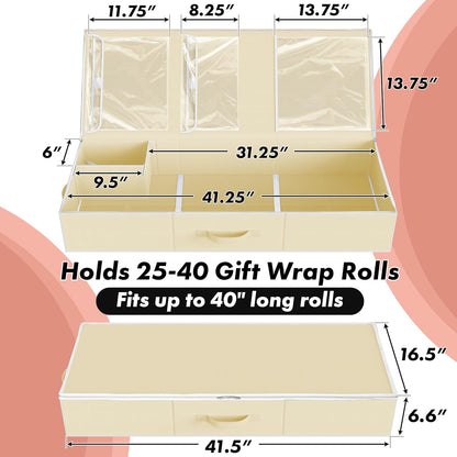 Simple Houseware Wrapping Paper Storage Organizer - Holds 40 Rolls with Adjustable Straps & Clear Pockets, 41.5''L x 16''W, Beige