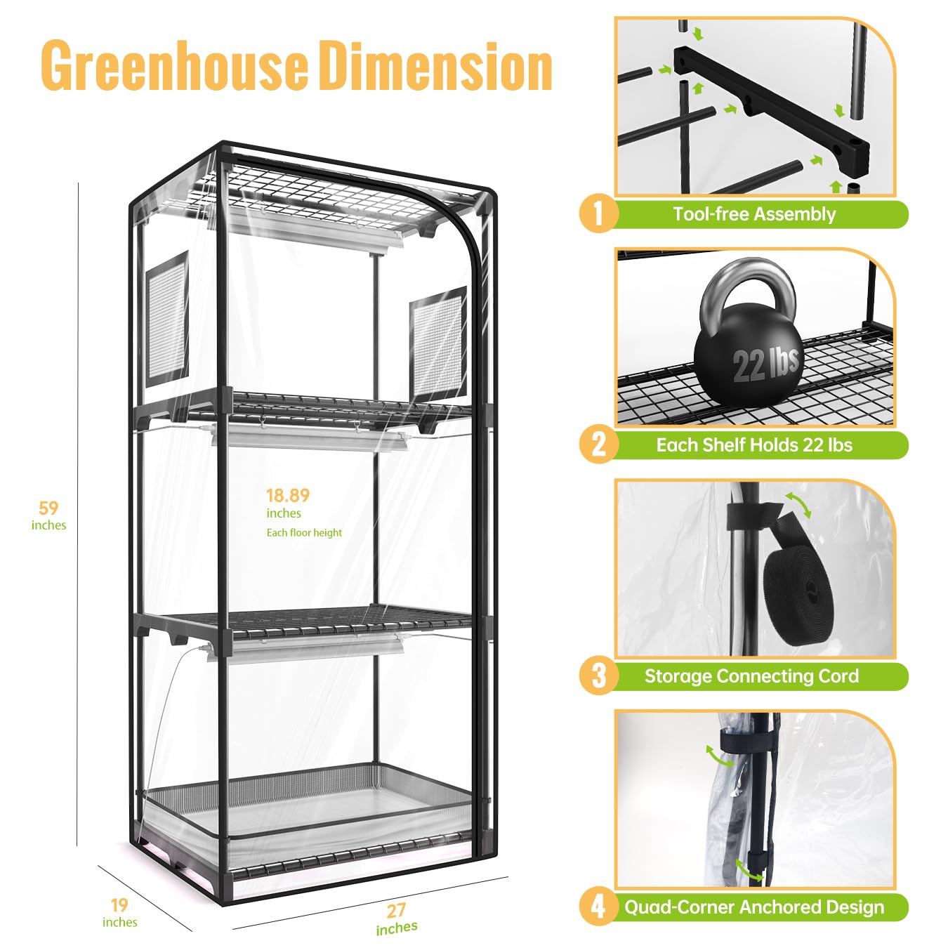 SpeePlant Indoor Greenhouse with Grow Light, 4-Tier Plant Stand with Zippered PVC Tent, Ventilation Window, Bottom Pouch, 20W Full Spectrum Plant Light with Timer for Seed Starting, 27"L x 19"W x 59"H