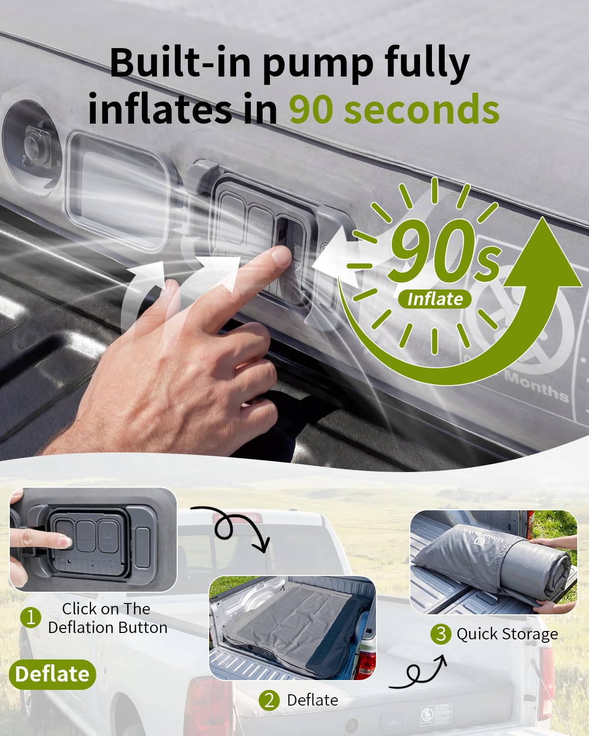 Umbrauto Upgraded Truck Bed Air Mattress for Full Size Short Beds 5.5-5.8ft, Drop-Stitch Tech with Built-in Pump, Heavy Duty Silent Inflatable Tent Bed for Outdoor Camping