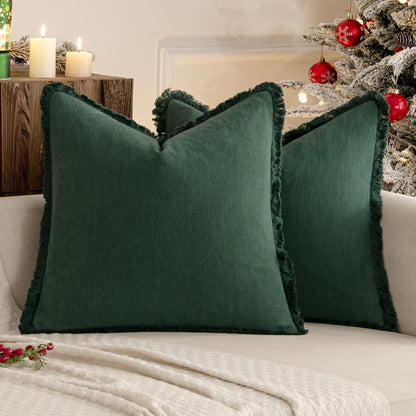 MIULEE Christmas Decorative Throw Pillow Covers Neutral Linen Fringe Fall Throw Pillows Set of 2 Natural Beige Boho Farmhouse Cushion Covers with Tassels for Couch Sofa Bed Home Decor 20x20 Inch