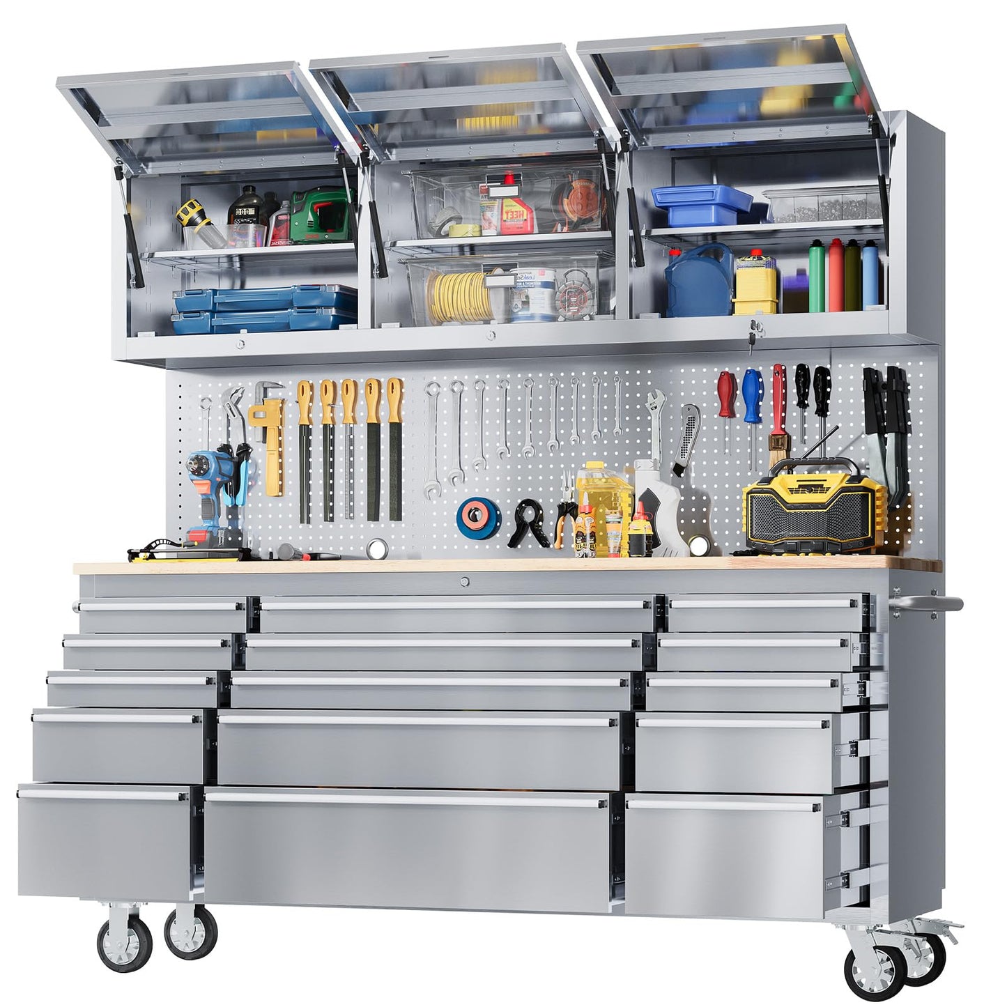 GarveeTech 72-Inch Heavy-Duty Rolling Tool Chest & Mobile Workbench, 15 Drawers & 3 Top Cabinets, Rubber Wood Tabletop, Key Locking System, Drawer Liners, Wheels, Steel Storage Cabinet for Garage