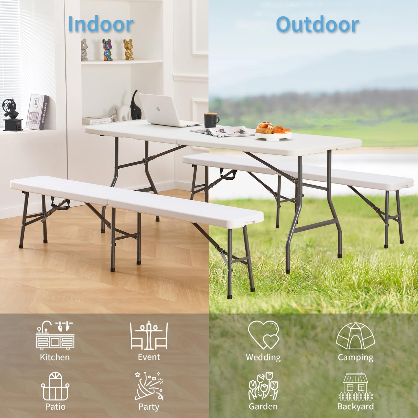 KAIHAOWIN 6FT Plastic Folding Bench White with Carrying Handle Indoor/Outdoor Portable Seat for Picnic, Camping, Dining, Party- 2 Pack