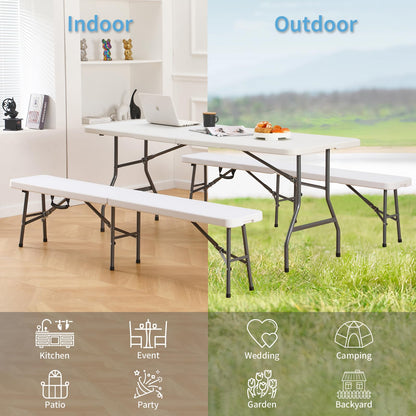 KAIHAOWIN 6FT Plastic Folding Bench White with Carrying Handle Indoor/Outdoor Portable Seat for Picnic, Camping, Dining, Party- 2 Pack