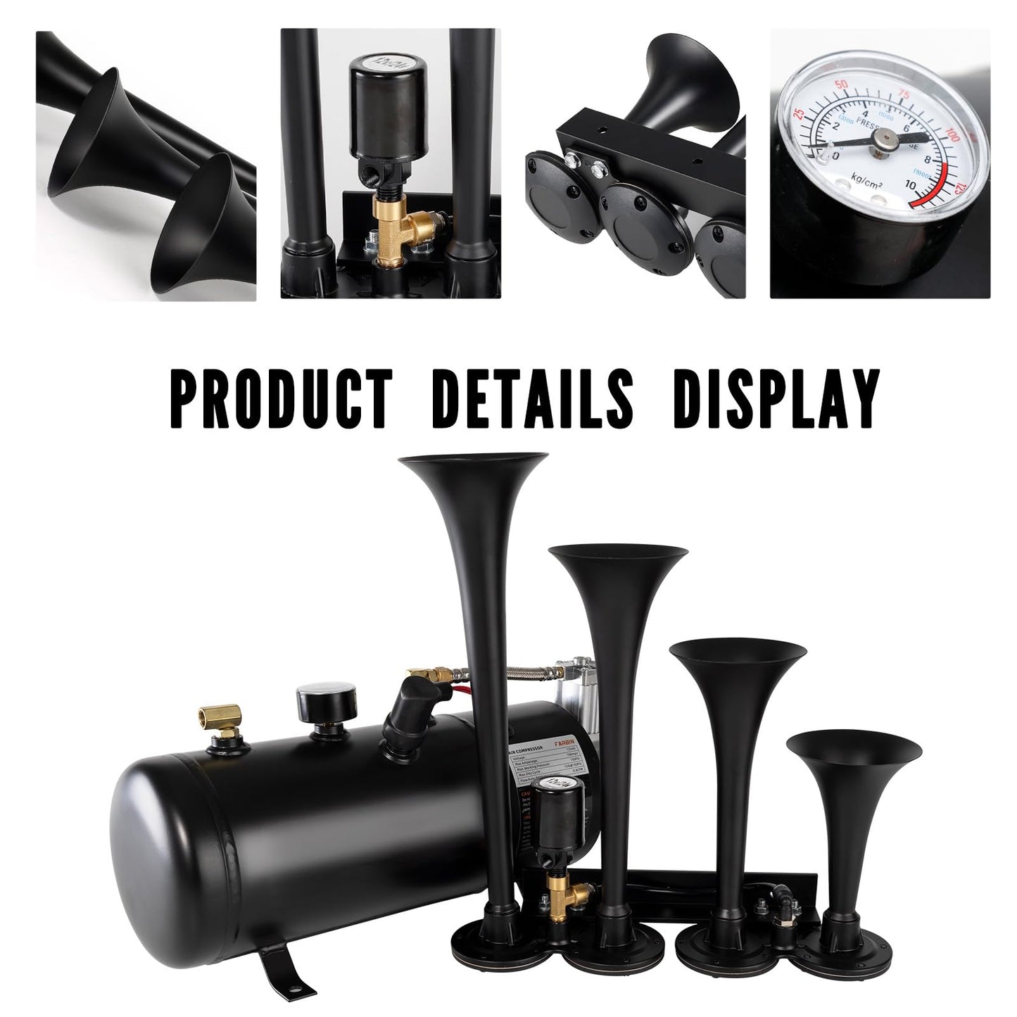 AOLIHAN Super Loud Train Horns Kit,180dB Four Trumpet Truck Horns with 150 PSI Air Tank,12V Air horn with 0.8 gallon Air Compressor Can for Truck, Jeep,Pickup,SUV (Black truck parallel horn kit)