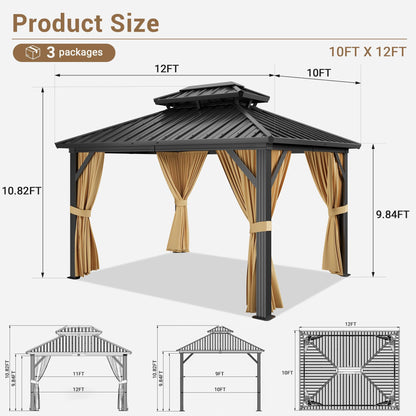 All-Weather 10' x 12' Hardtop Aluminum Gazebo with Double Metal Roof, Netting & Curtains – Permanent Outdoor Pavilion Pergolas for Patio, Deck, Garden & Backyard, Khaki