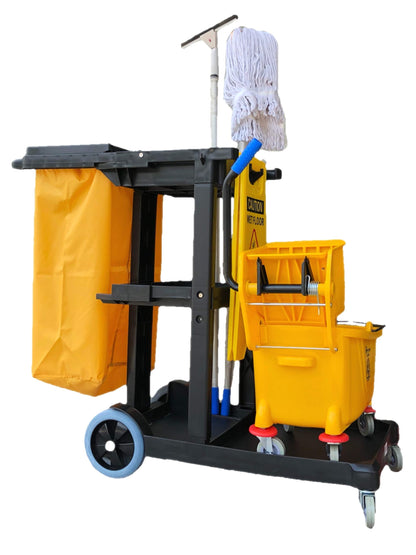 Simpli-Magic Janitorial Cart, 330 lbs Capacity – 3-Shelf Commercial Housekeeping Cleaning Cart on Wheels, 25 Gallon Bag with Lid – Stable, Smooth Movement